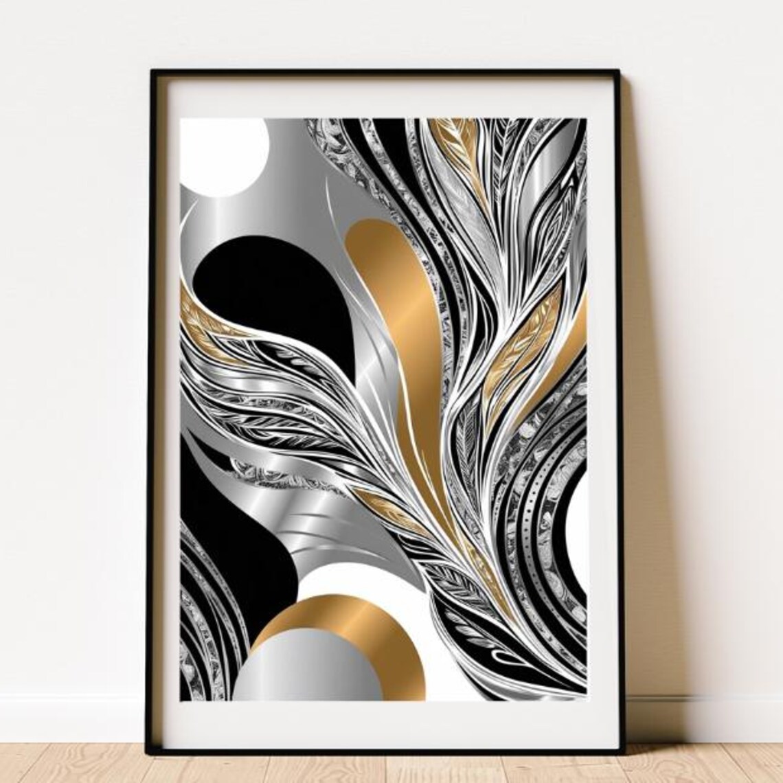 Black Gold Silver Abstract Feathered Wings Moonlight Night Poster