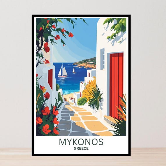 Mykonos Travel Poster, Greece Coastal City Art