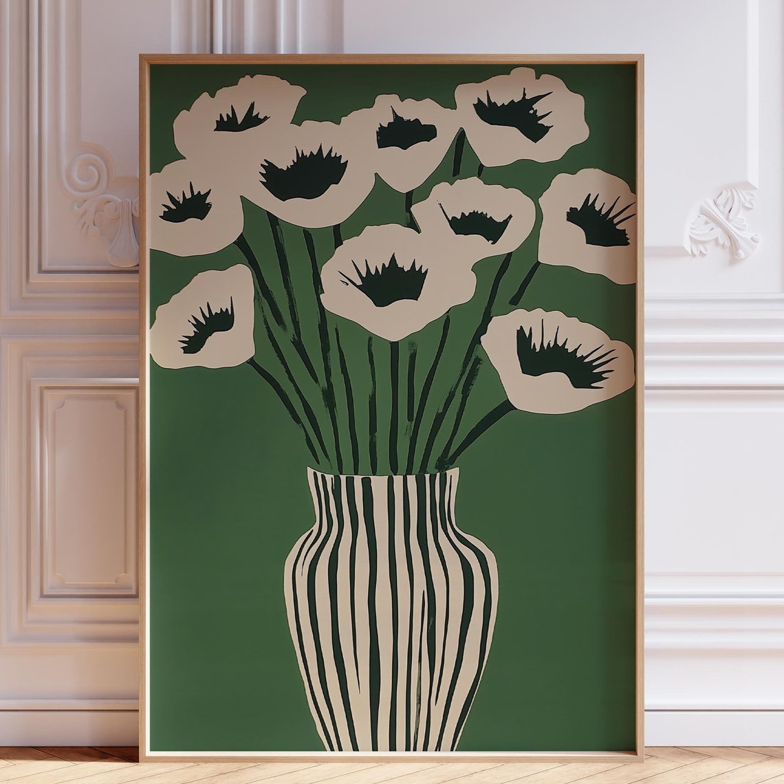 White Poppies in Striped Vase on Green Botanical Art Poster Decor