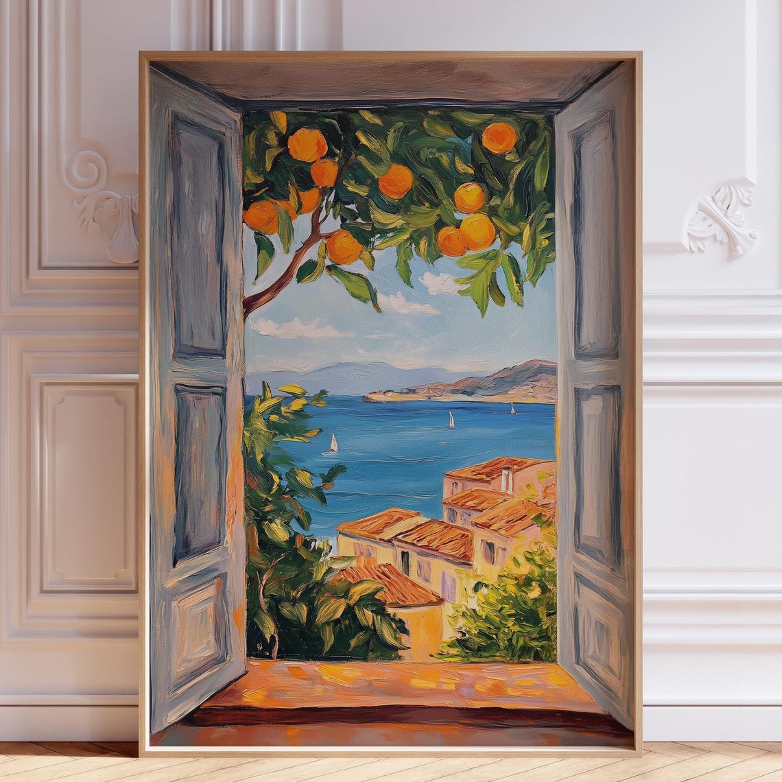 Open Window Orange Tree Mediterranean Coast Sailboat Painting Poster