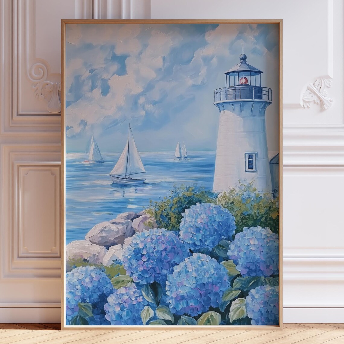 Lighthouse With Sailboats And Hydrangeas Coastal Scene Art Poster