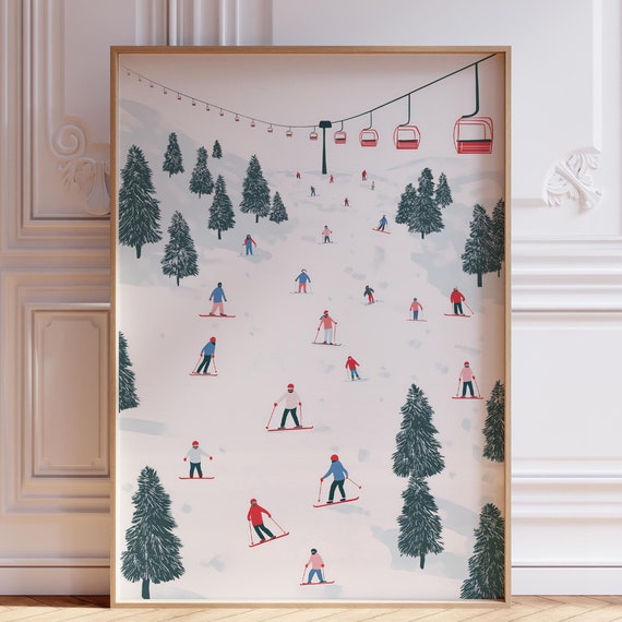 Mini Skier Print Retro Ski Poster Art Minimalist Snowboarding Skiing Down The Mountain