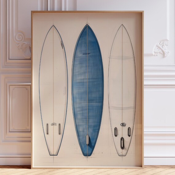 Vintage Surf Art Print Blue Surfboard Surfing Poster Summer Wall Beachy Room Decor Rustic Beach