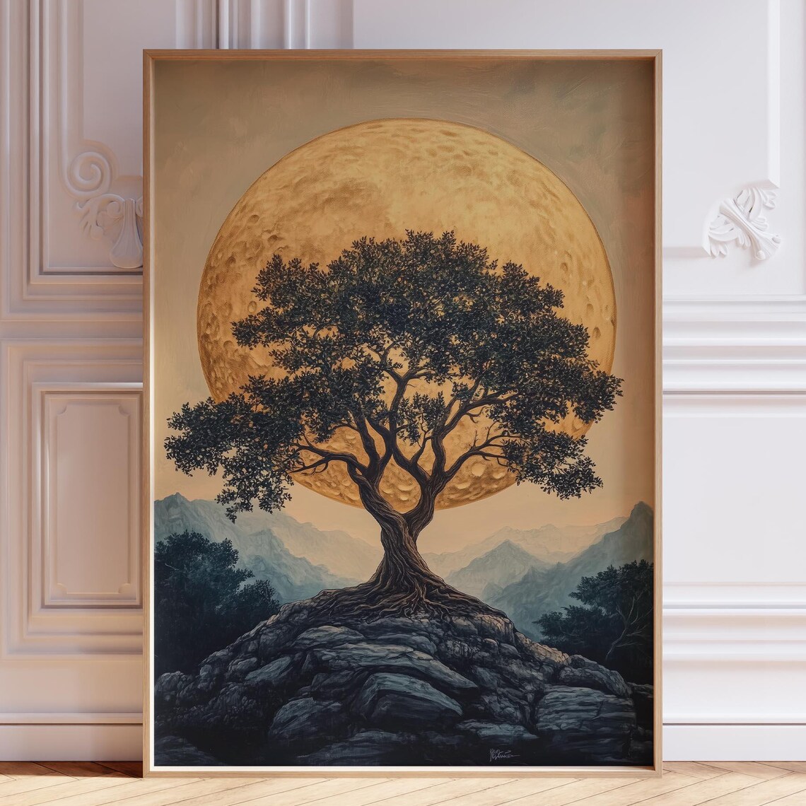 Tree of Life Against a Giant Golden Moon Night Sky Art Print