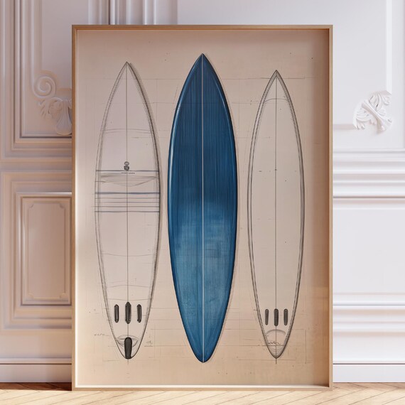 Vintage Surf Art Print Blue Surfboard Surfing Poster Summer Wall Beachy Room Decor Rustic Beach
