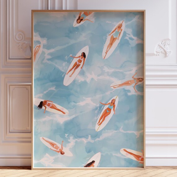 Girls On Surfboards Aerial Blue Ocean Watercolor Beach Poster