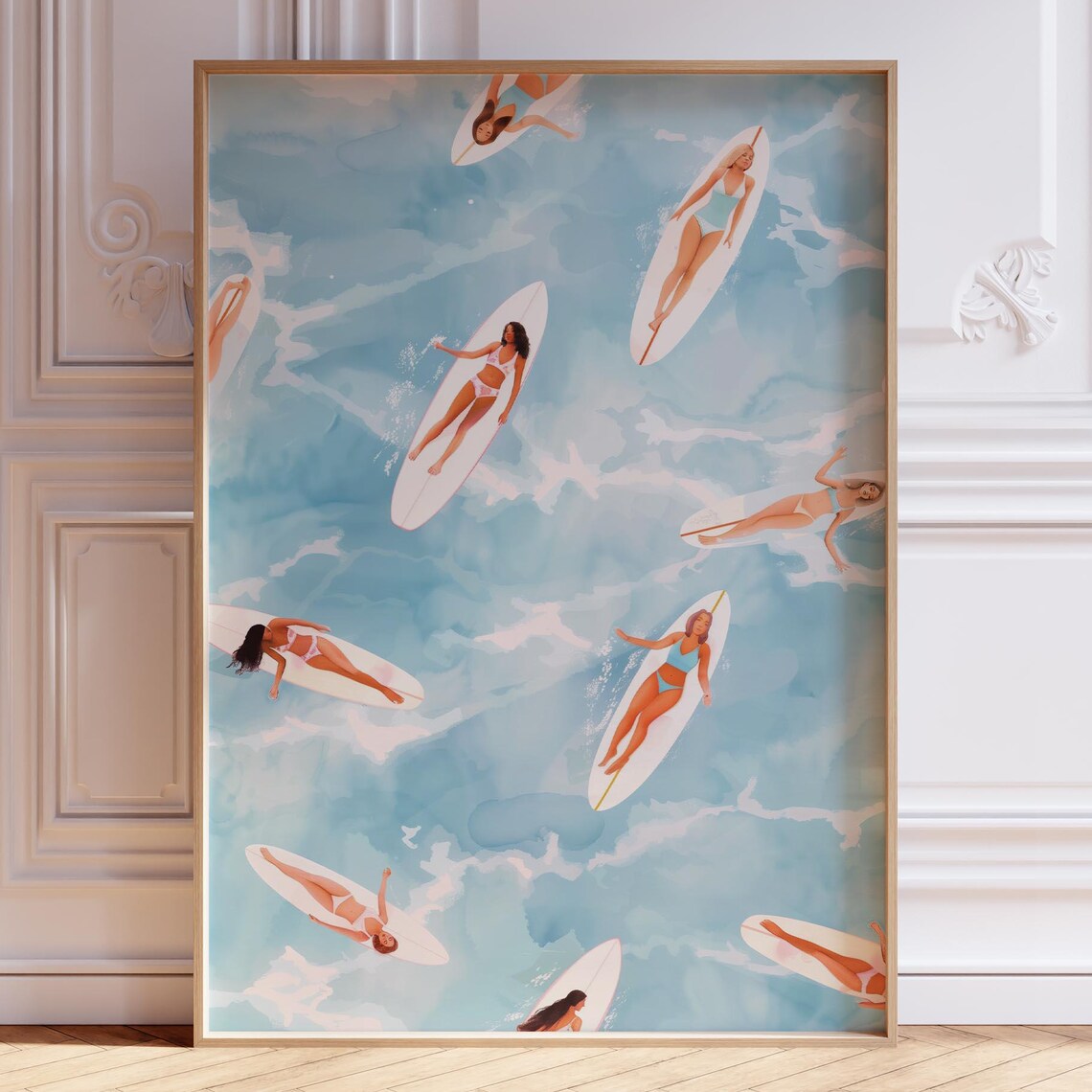 Girls On Surfboards Aerial Blue Ocean Watercolor Beach Poster