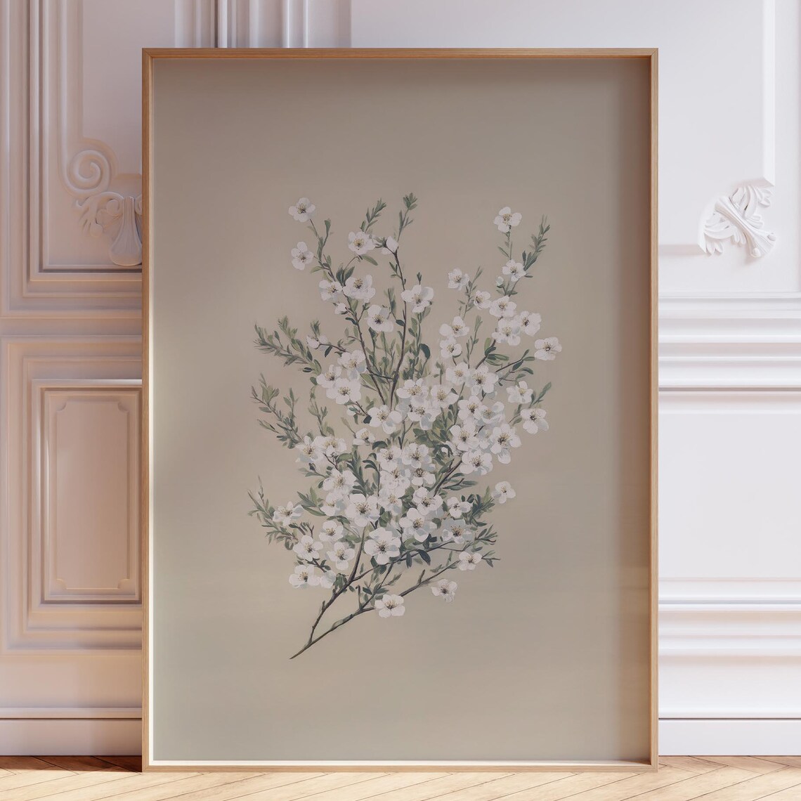 Delicate White Blossoms On Taupe Minimalist Botanical Art Poster
