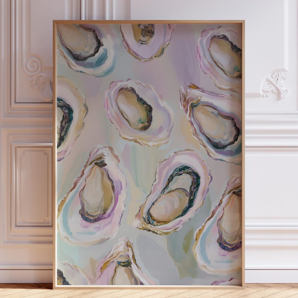 Pastel Oyster Shells Watercolor Coastal Kitchen Decor Wall Art