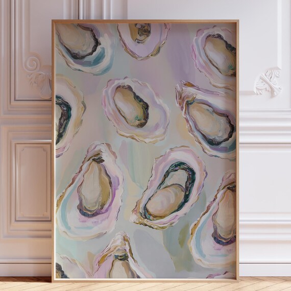 Pastel Oyster Shells Watercolor Coastal Kitchen Decor Wall Art