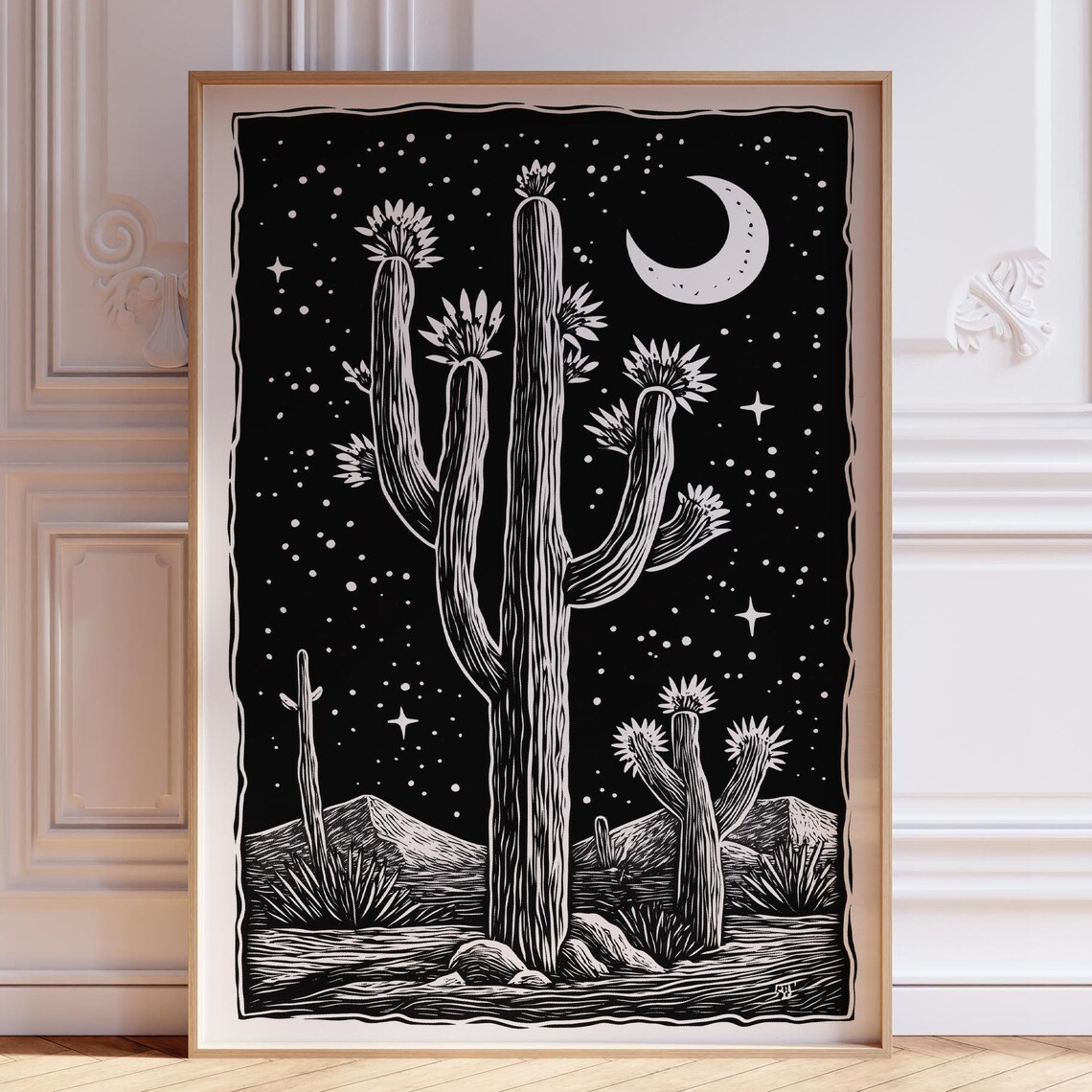 Blooming Saguaro Cacti Under Crescent Moon In Night Sky Poster