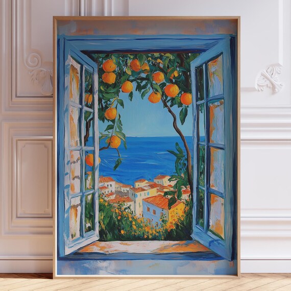 Open Blue Window to Amalfi Coast with Orange Tree View Poster