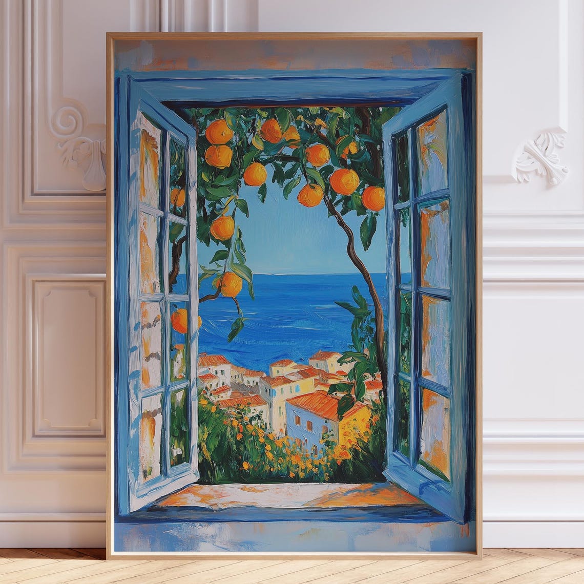 Open Blue Window to Amalfi Coast with Orange Tree View Poster