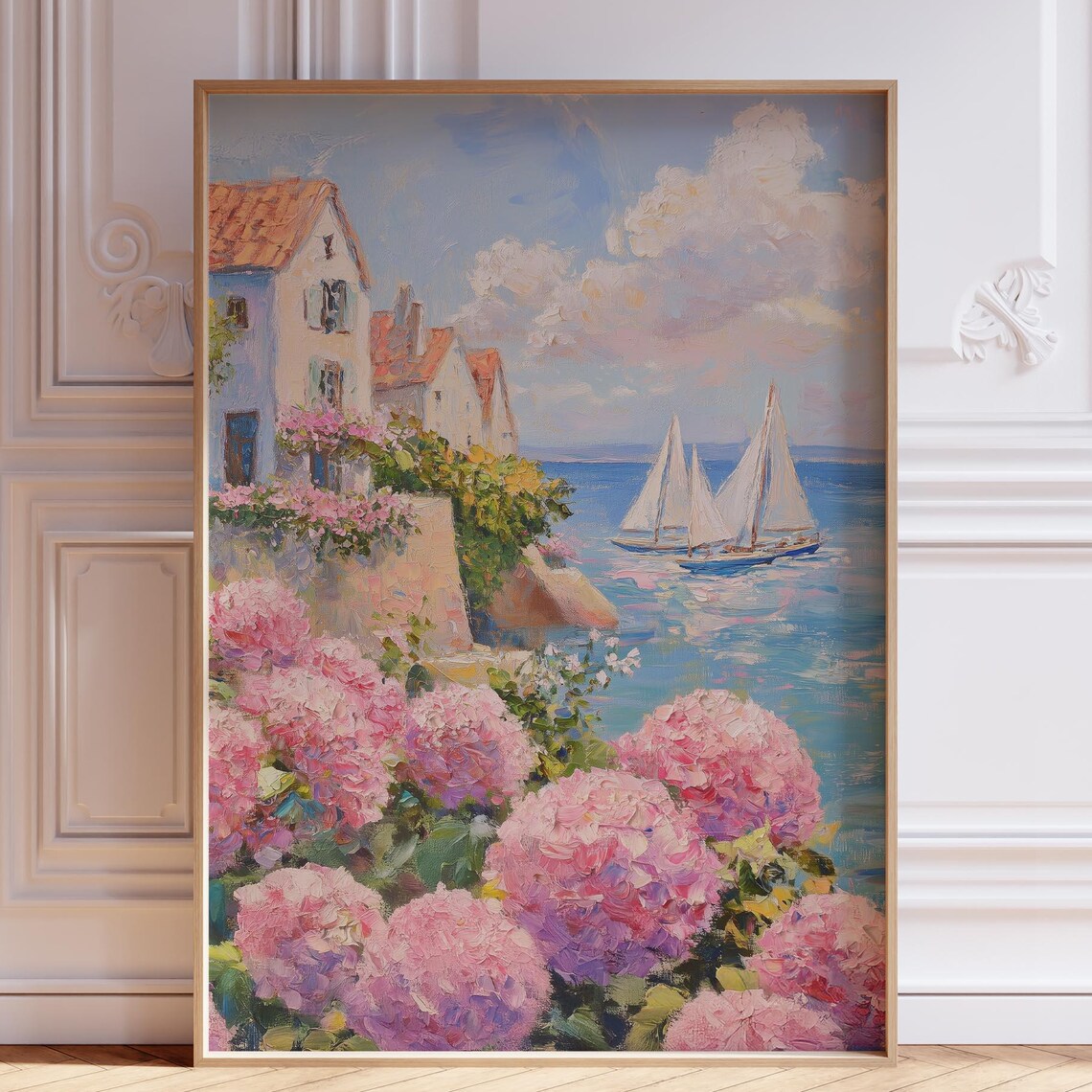 Pink Hydrangeas Seaside Cottages Sailboats Coastal Painting Poster