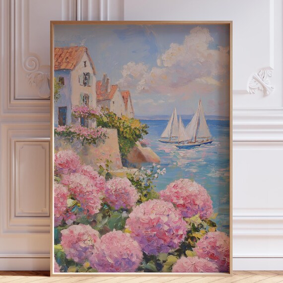 Pink Hydrangeas Seaside Cottages Sailboats Coastal Painting Poster