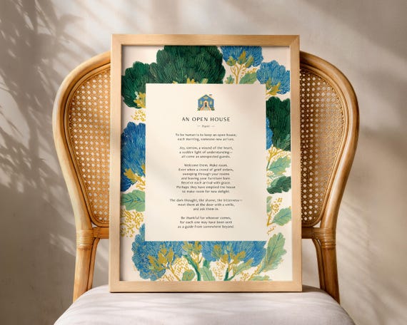Rumi An Open House Poem Print Botanical Poetry Wall Art Literary Quote Poster Inspirational Book Lover Gift