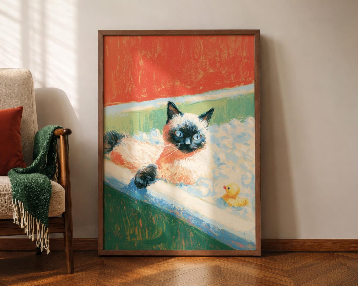 Siamese Cat in a Bubble Bath with a Rubber Duck Painterly Pet Poster