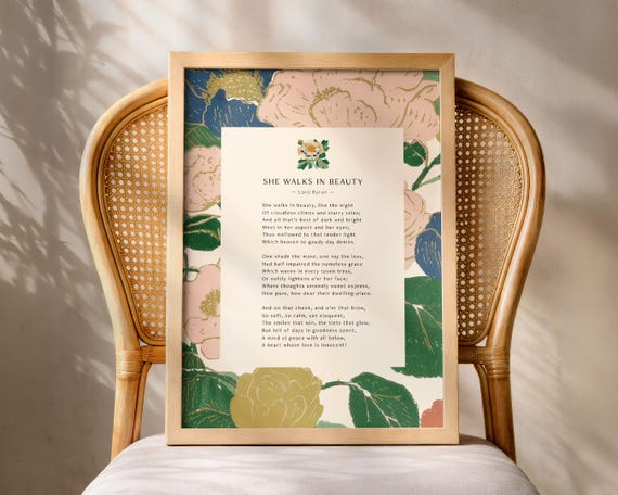 She Walks In Beauty Wall Art Print Lord Byron Romantic Poetry Poster Classic Poem Decor Literary Gift For Book Lovers