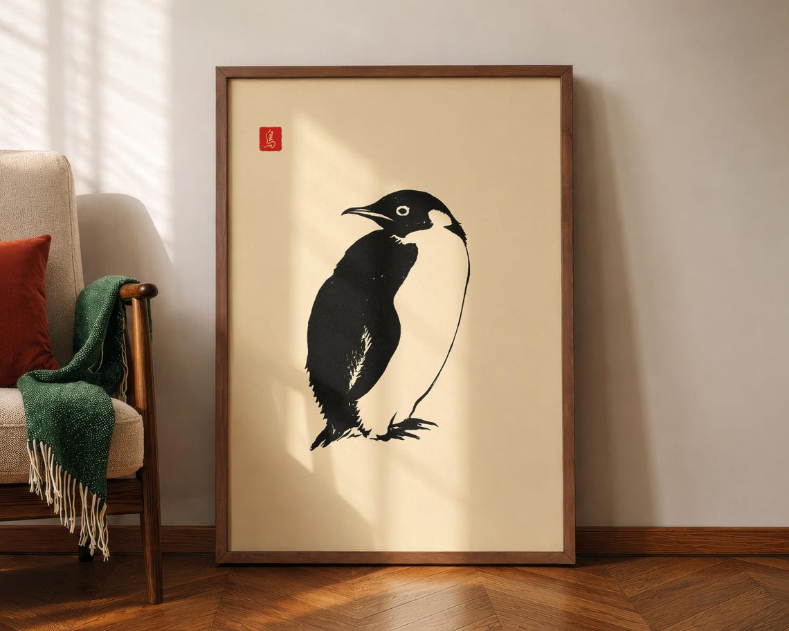 Japanese Sumi E Ink Penguin Painting Minimalist Zen Art Poster