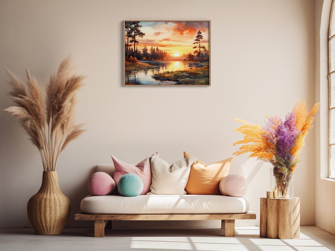 Amber Sunset Forest Lake Watercolor Painting Tall Pine Silhouette Poster - Image 2
