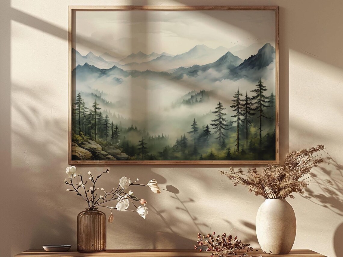 Misty Mountain Forest Watercolor Painting Foggy Pine Valley Poster - Image 2