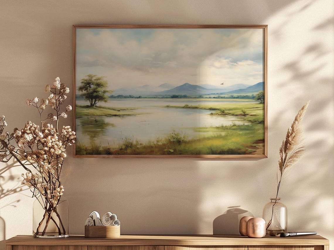 Green Hills Lake with Lone Tree Distant Mountains Calm Wall Art - Image 2