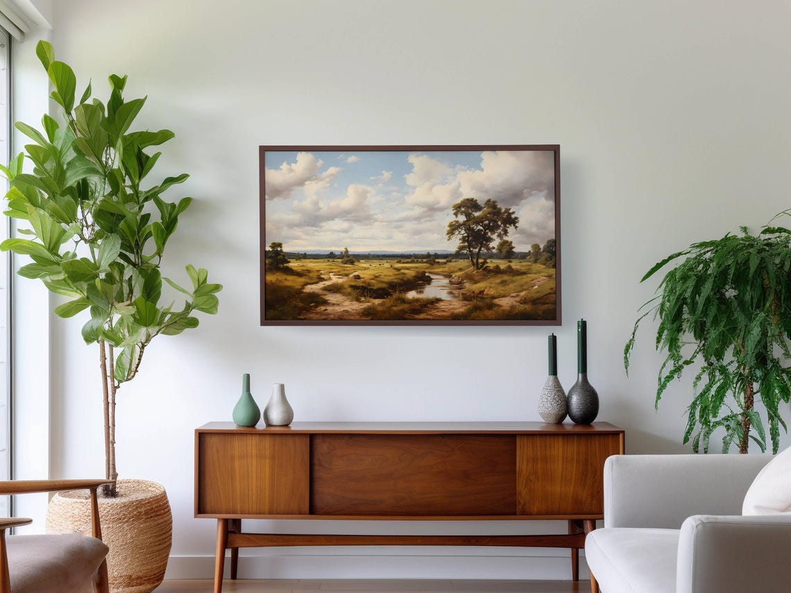 Summer Field with a Winding Stream Under Big White Clouds Wall Art - Image 2