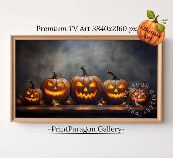 Five Glowing Jack O Lanterns Dark Wooden Shelf Halloween Poster