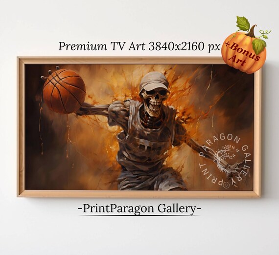 Skeleton Basketball Player Dunking Flames Spooky Sports Poster
