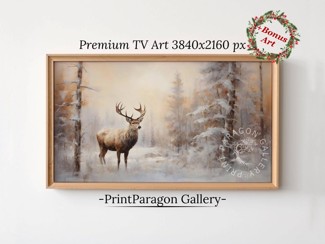 Stately Elk With Antlers Pausing in a Snowy Pine Forest Poster