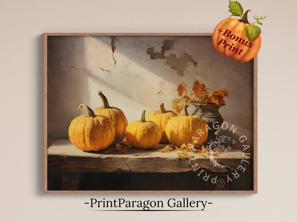 Golden Pumpkins And Autumn Leaves Vintage Rustic Fall Harvest Poster