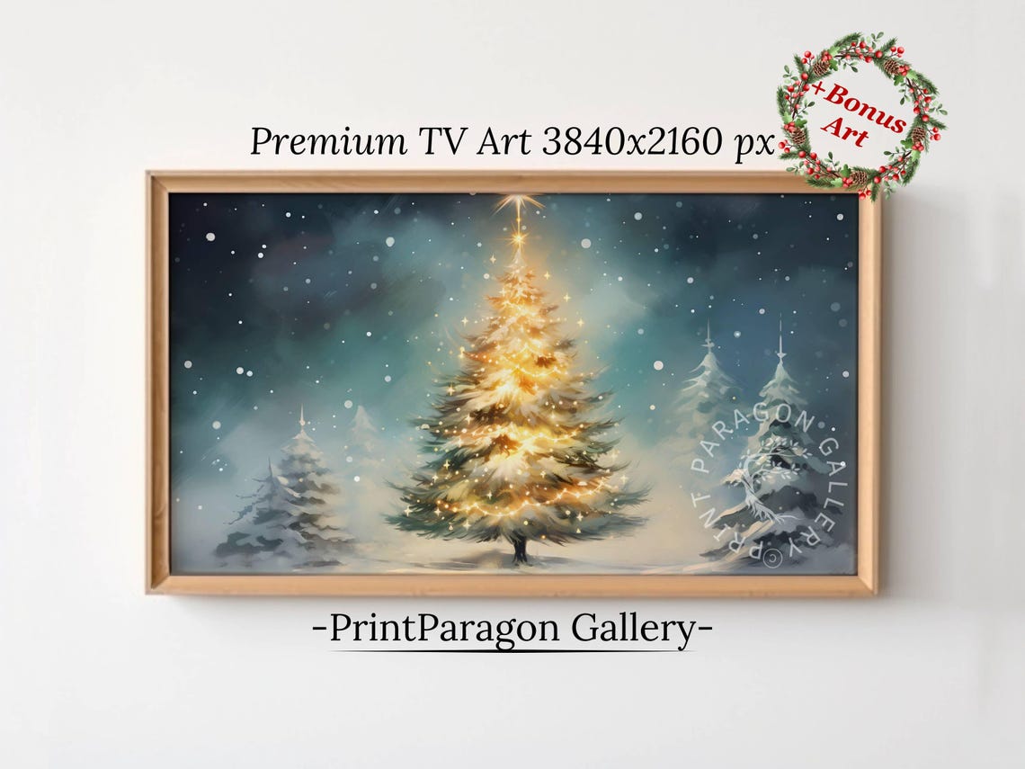 Golden-Lit Christmas Tree Glowing in a Snowy Night Forest Poster