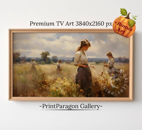 Woman Gathering Wildflowers In Meadow Vintage Impressionist Field Poster