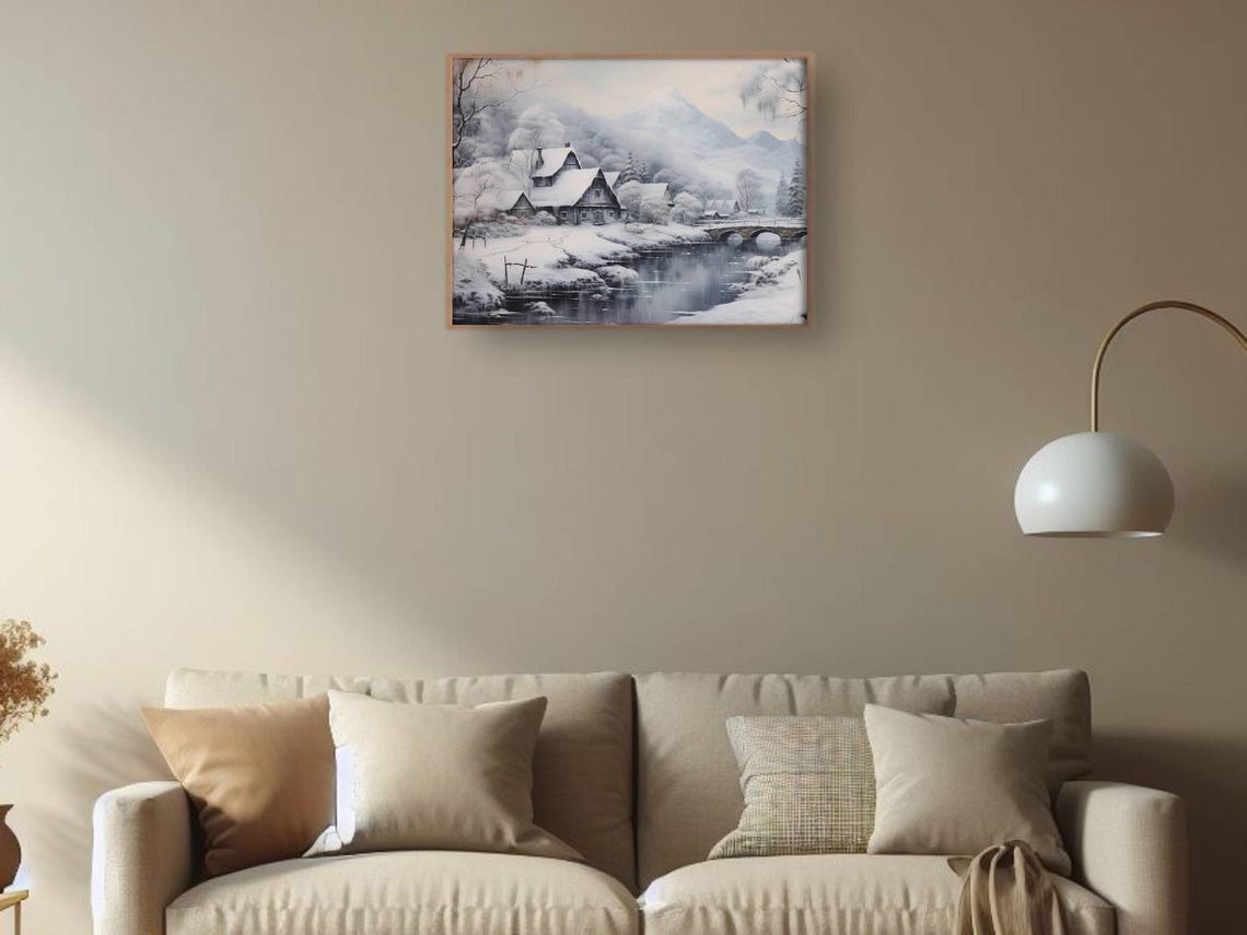 Snowy Mountain Cottage Stone Bridge Stream Winter Village Poster - Image 2