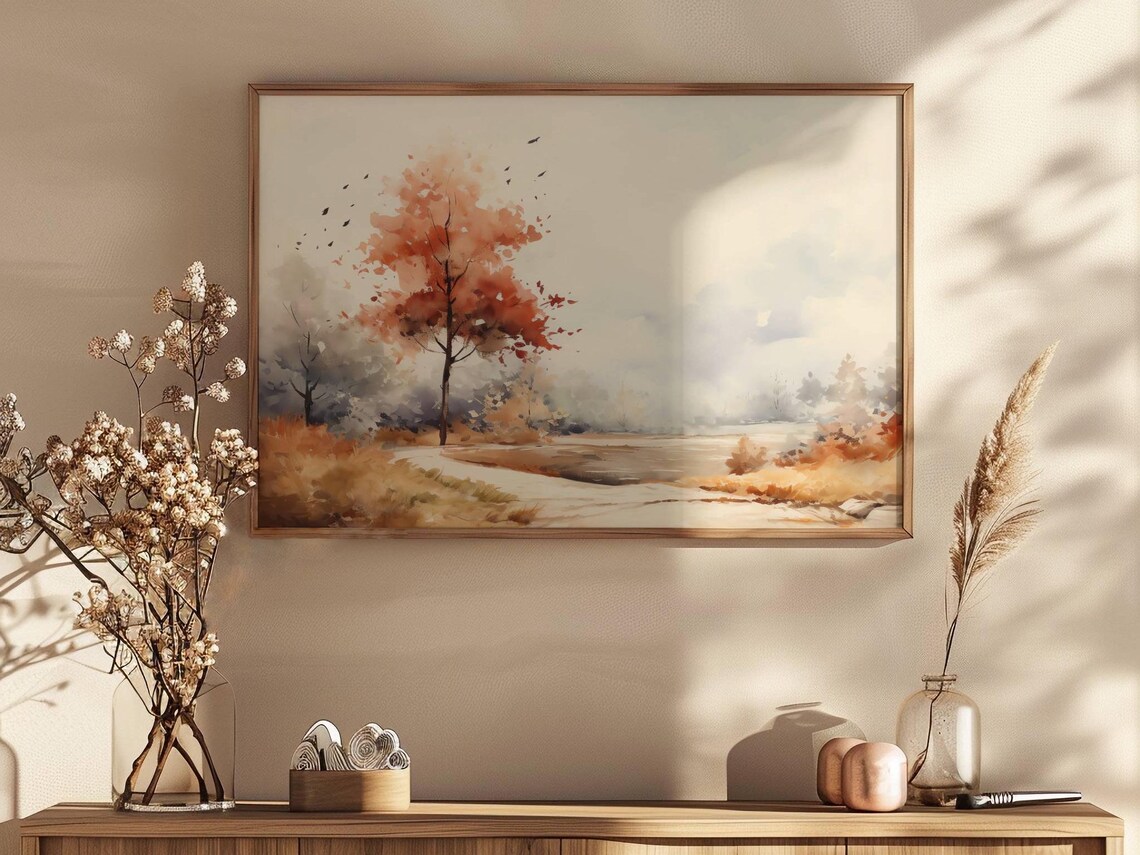 Autumn Field Watercolor Orange Tree Birds Fall Landscape Rustic Wall Art - Image 2