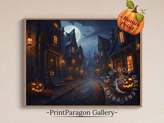 Spooky Halloween Night Town Street With Glowing Pumpkins Moonlit Poster