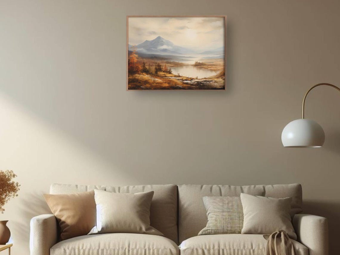 Golden Autumn Hillside Lake with Distant Mountain Warm Oil Poster - Image 2