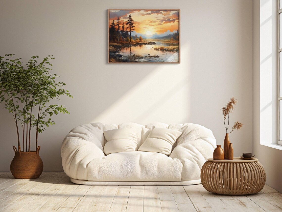 Sunset Over Calm River Autumn Pines Orange Clouds Oil Painting Rustic Wall Art - Image 2