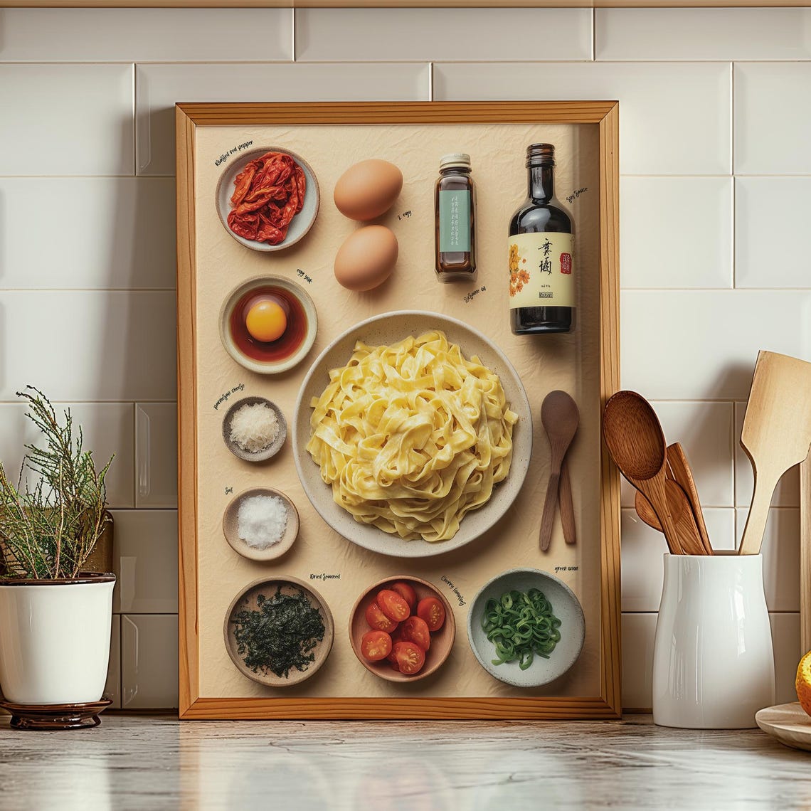 Japanese Tagliatelle Pasta Recipe Ingredients Kitchen Wall Art