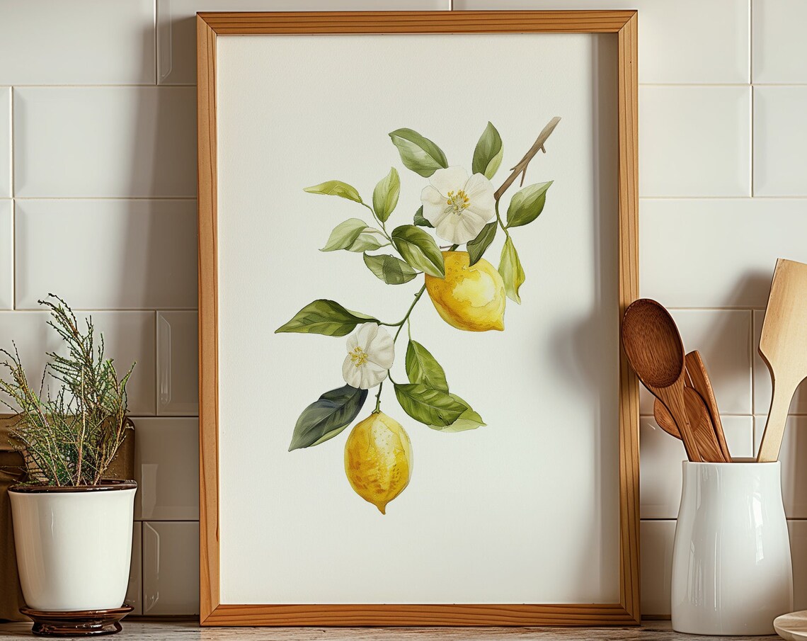 Lemon Branch Watercolor With Blossoms Botanical Kitchen Art Poster