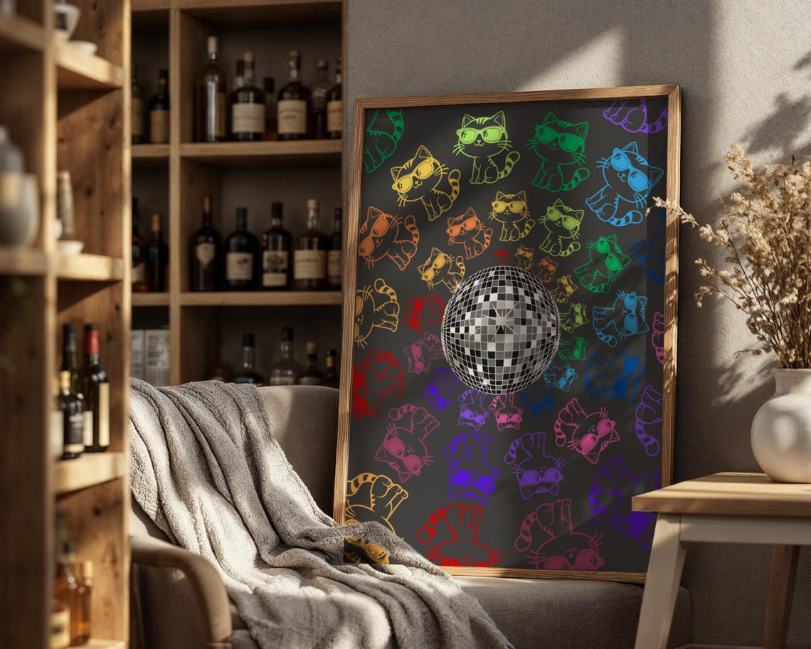 Disco Ball With Rainbow Cats, Dancing Kittens Art Print - Image 3