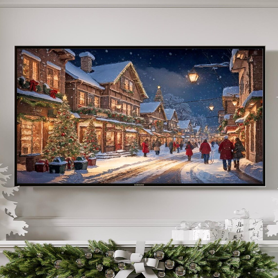 Snowy Small Town Christmas Street Night Holiday Scene Poster