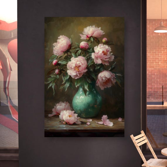 Moody Pink Peonies Painting Print Vintage Floral Flower Art Wall Print Fine Art Print Large Wall Art Print