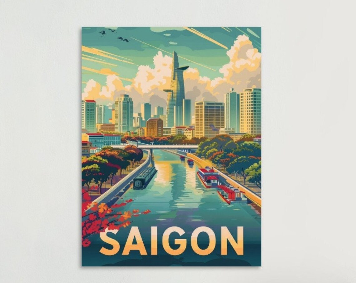 Saigon River Skyline Bitexco Tower Vintage Vietnam Travel Poster