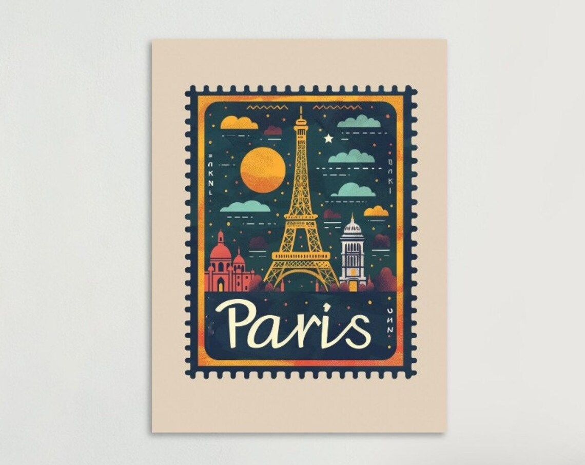 Paris Golden Eiffel Tower Night Sky Postage Stamp Style Travel Poster