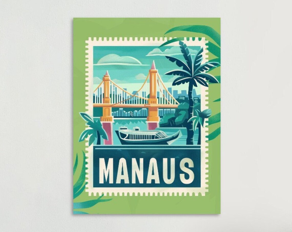 Medellin City Bus Skyline Framed Vintage Travel Stamp Poster