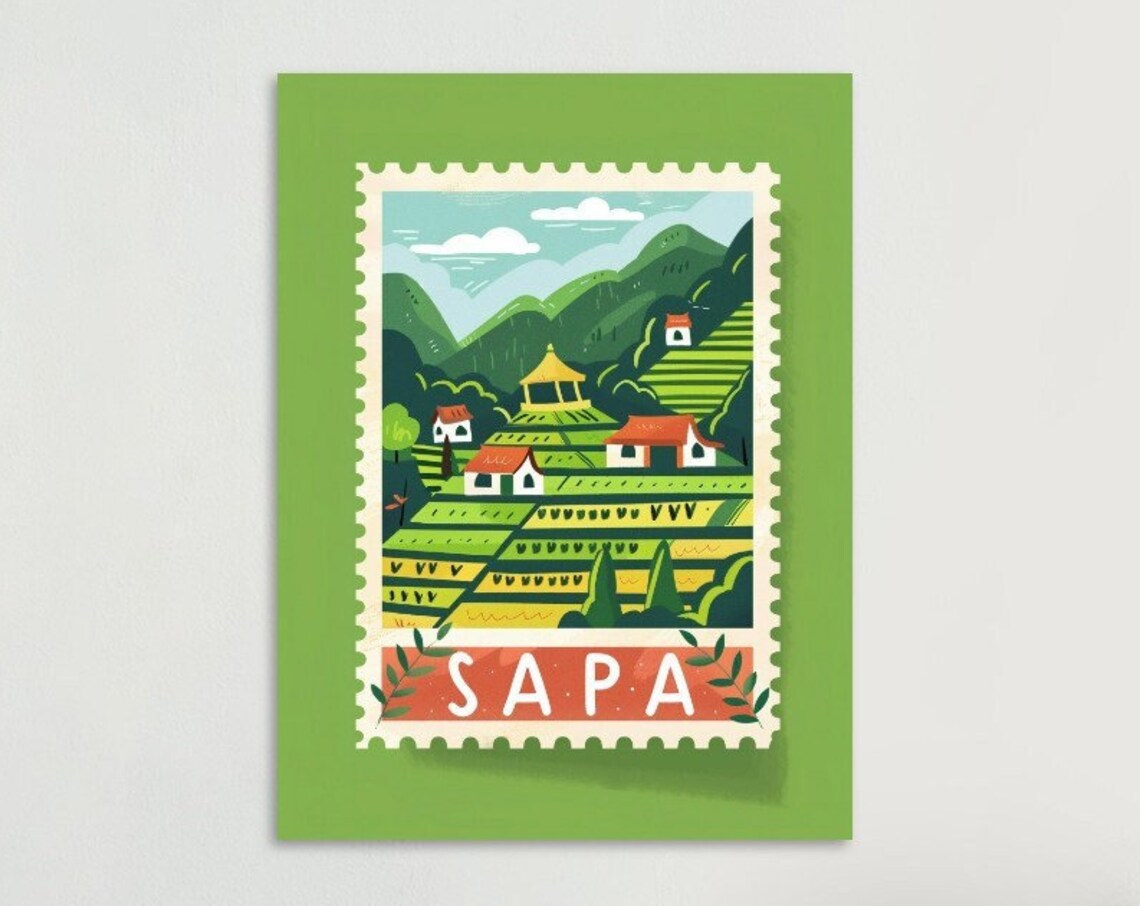 Sapa Vietnam Terraced Rice Fields Postage Stamp Style Travel Poster