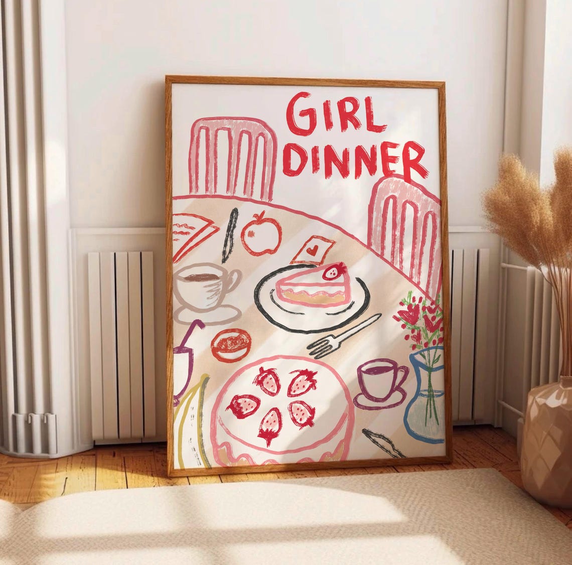 Girl Dinner Hand Drawn Table Cake Coffee Pink Kitchen Art Poster - Image 3