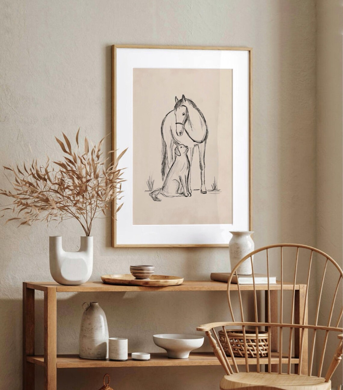 Horse And Dog Pencil Sketch Vintage Equestrian Animal Art Poster - Image 2