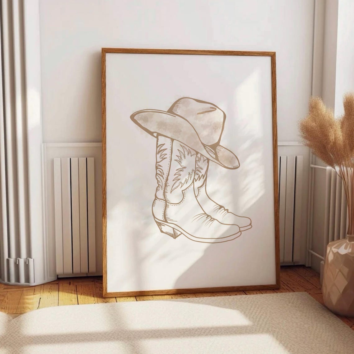 Cowboy Boots Hat Beige Line Art Western Minimalist Decor Poster - Image 2